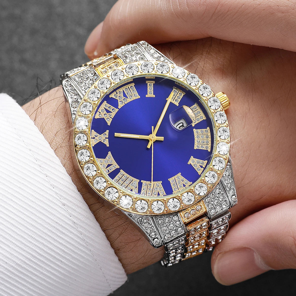 Luxury Full Diamond Men Calendar Quartz Watch Fashion Stainless Steel Band Male Quartz Wristwatches Date Clock Reloj Hombre